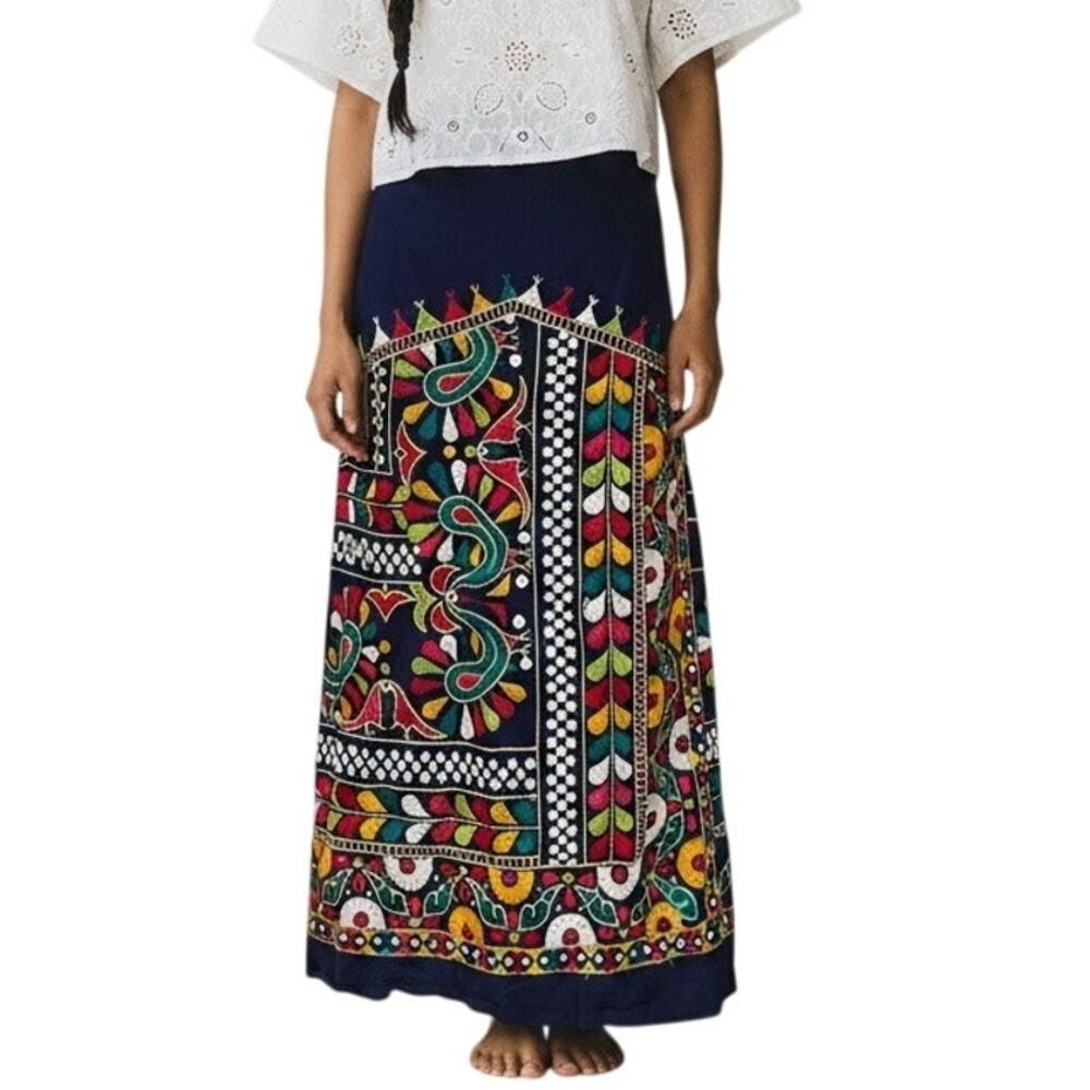 Vintage Handmade Navy Folk Embroidered Maxi Skirt Boho Ethnic Small